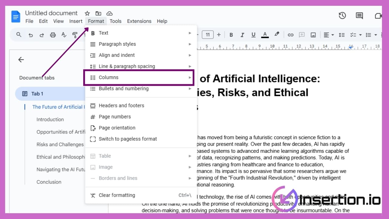 Click the Format menu at the top of the page, then select Columns.