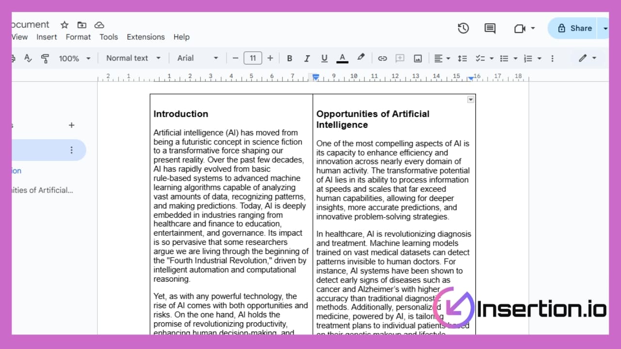 Copy or type the text into columns by placing it inside each table cell.