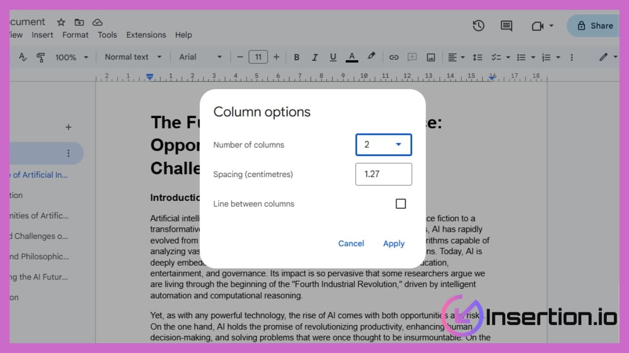 Select More options to adjust the spacing between columns or add a line between each column.